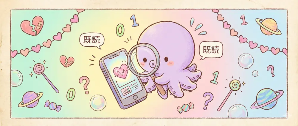タコがスマホのトーク履歴を虫眼鏡で分析しているイラスト